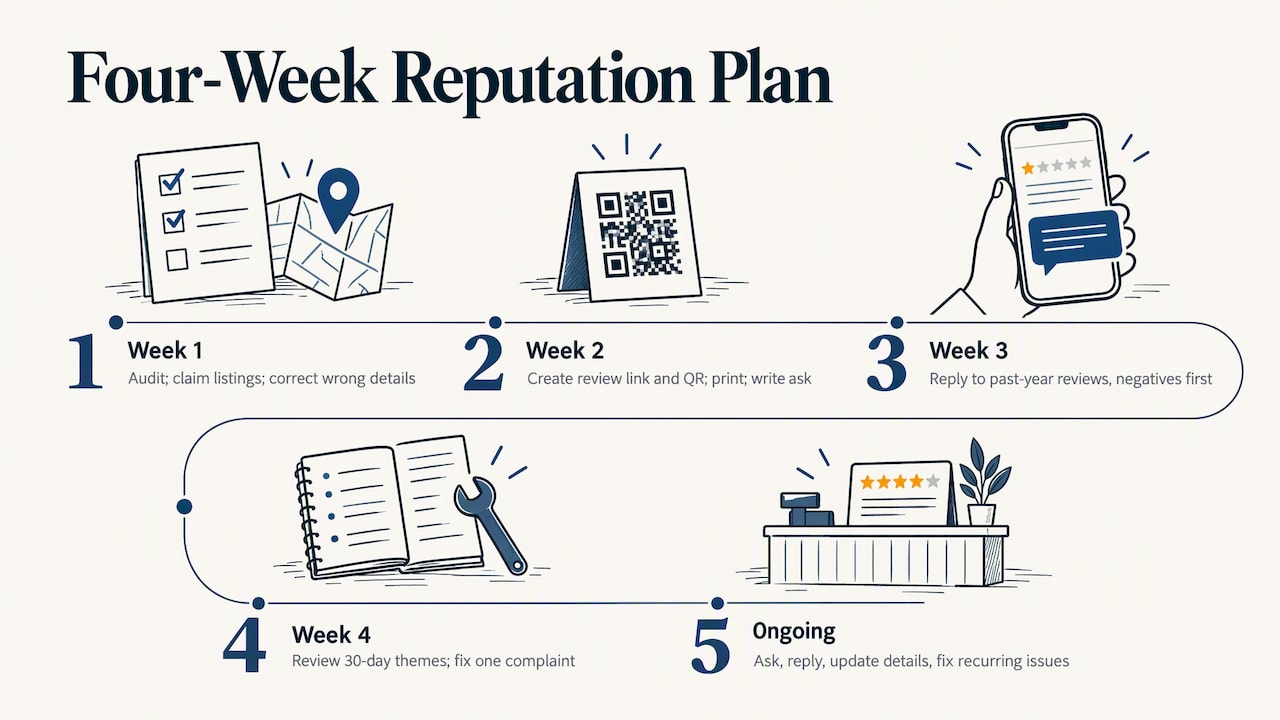 Four-week sequence for improving business reputation
